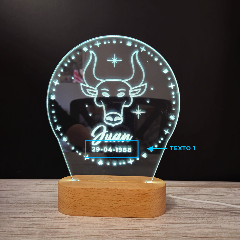 Tauro 03 (Signo Zodiacal) – Lámpara de Metacrilato LASER texto 1