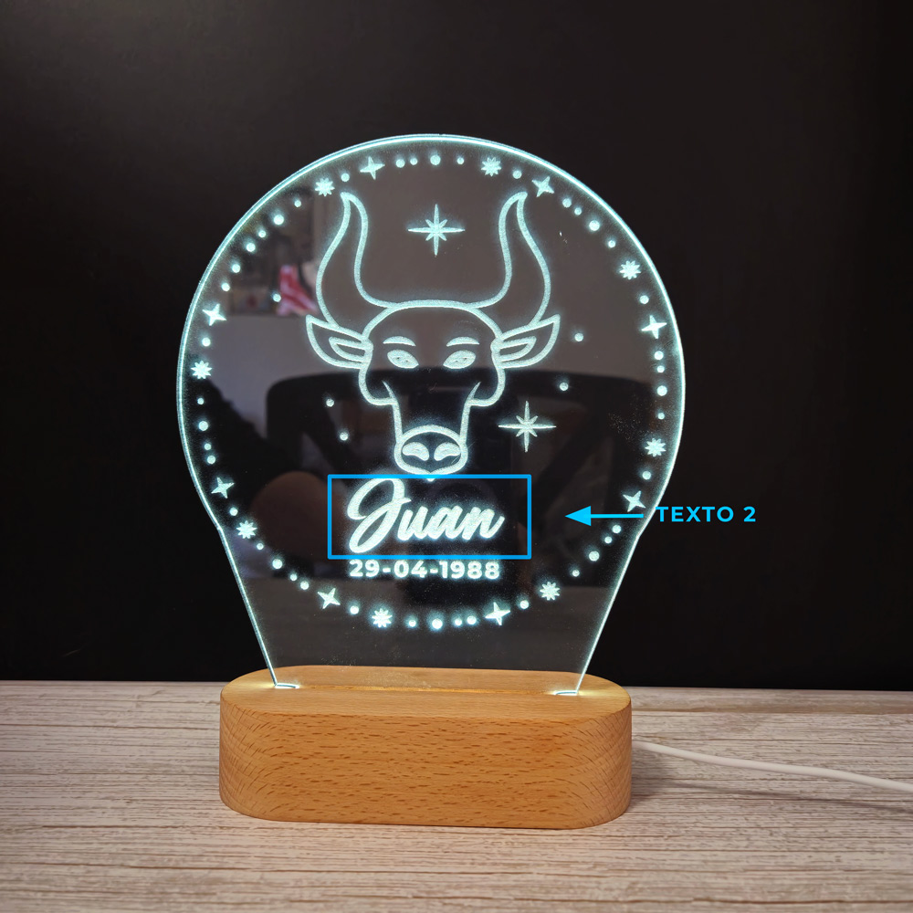 Tauro 03 (Signo Zodiacal) – Lámpara de Metacrilato LASER texto 2