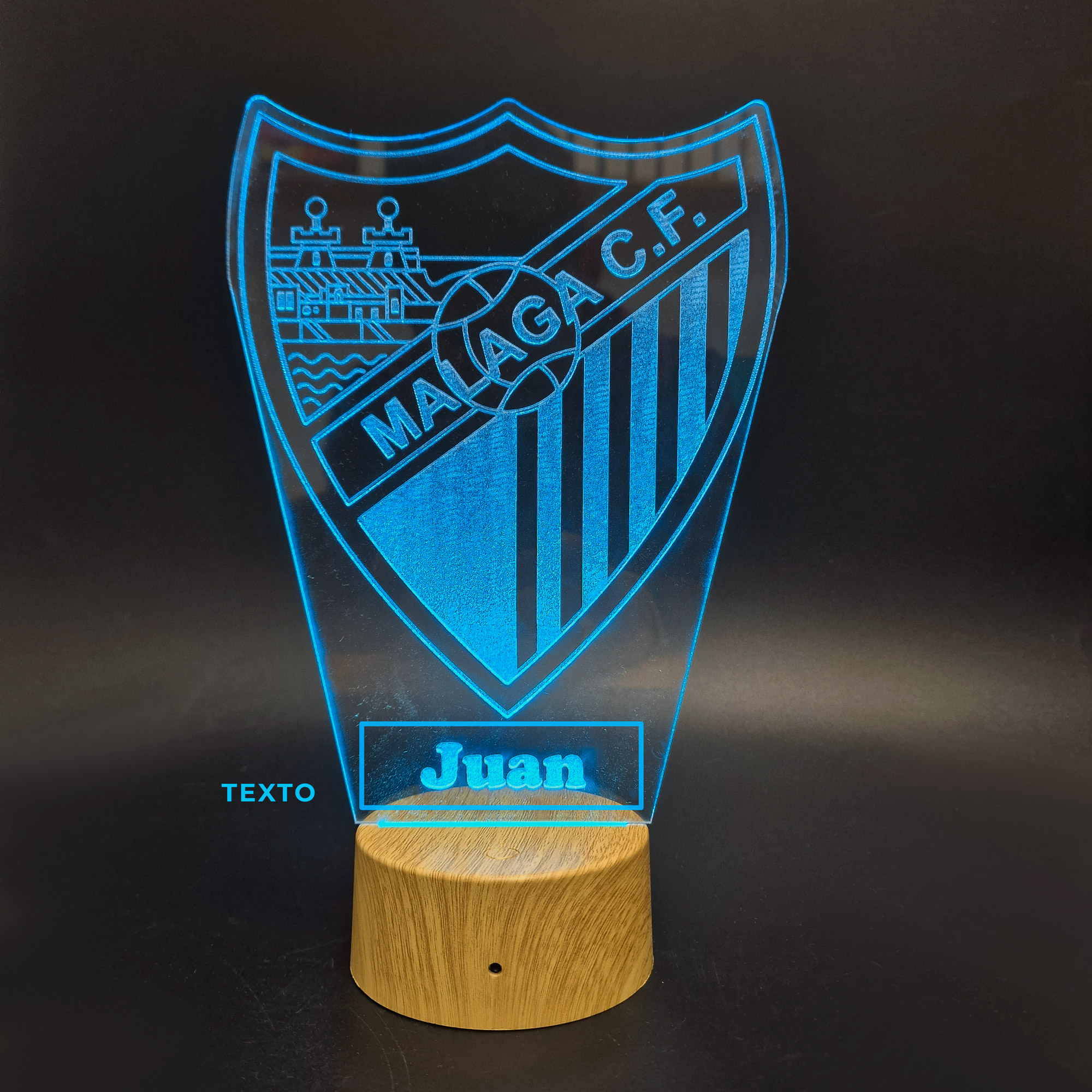 Málaga C.F. – Lámpara de Metacrilato LASER texto