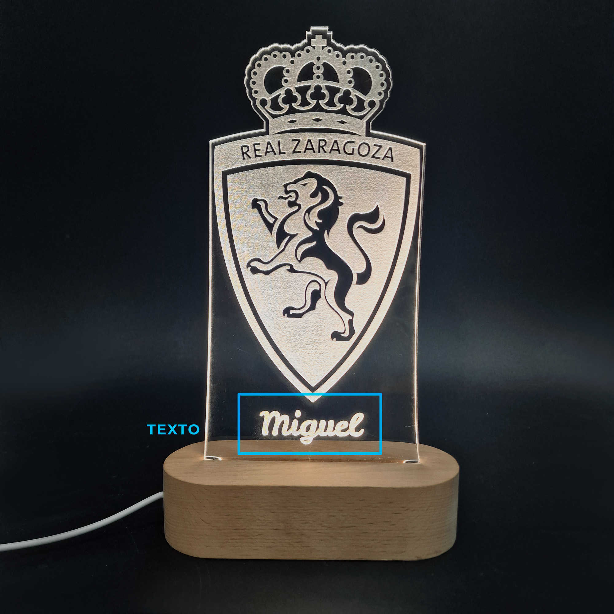 Real Zaragoza escudo – Lámpara de Metacrilato LASER texto