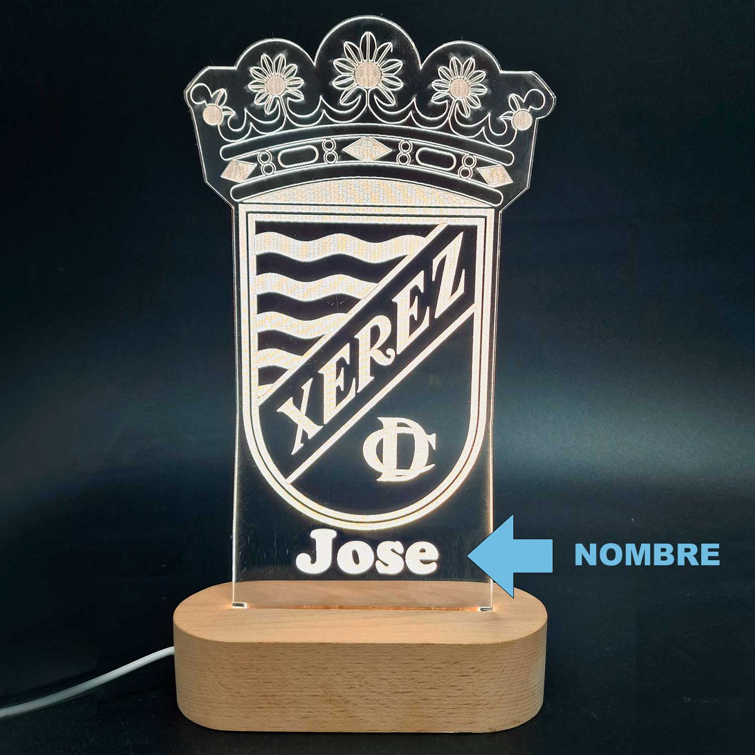 Xerez C. D. escudo – Lámpara de Metacrilato LASER texto